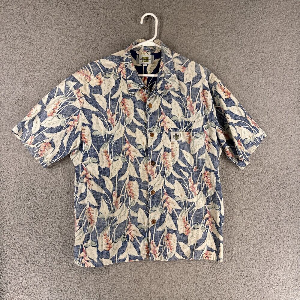 Duke Kahanamoku Shirt Mens‎ L Blue Hawaiian Floral Short Sleeve Front Pocket